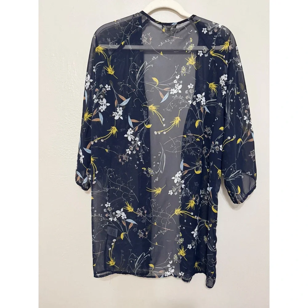 Before You Collection Navy‎ Blue Floral Chiffon Kimono Lace Trim Festival Layer